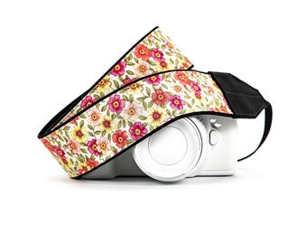 Camera Strap, Floral, Coral, Pink, Yellow fits dslr, slr and Mirrorless Camera and Binoculars