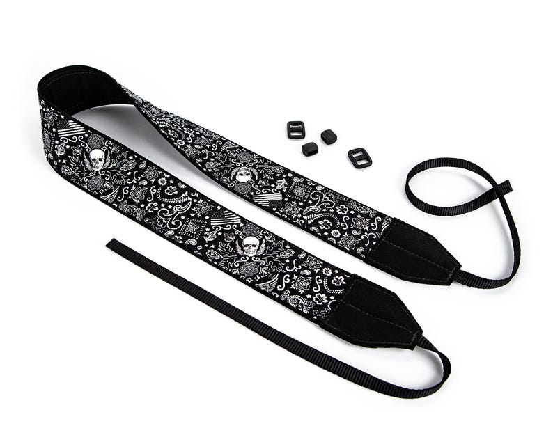Black Bandana dSLR Camera Strap, American Flag, Skulls image 3