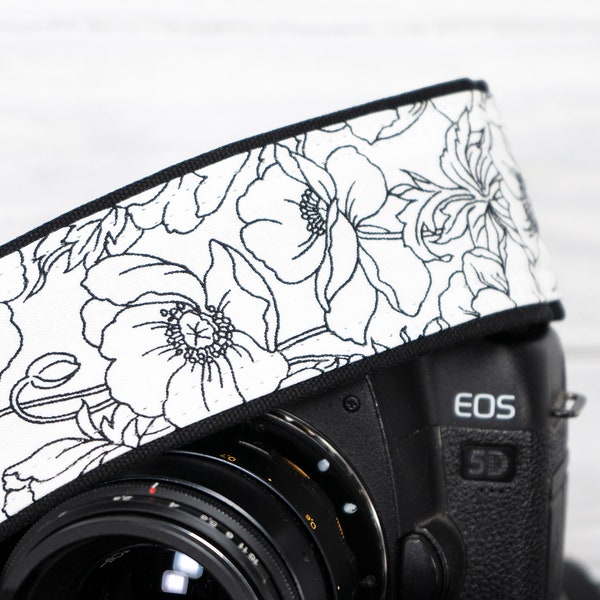 Camera Strap, Poppies in Black and White