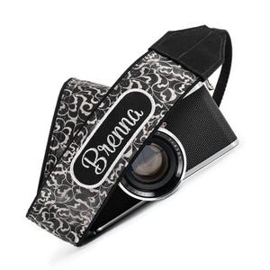 Scrollwork Grey Personalized Camera Strap, for dslr, slr or mirrorless
