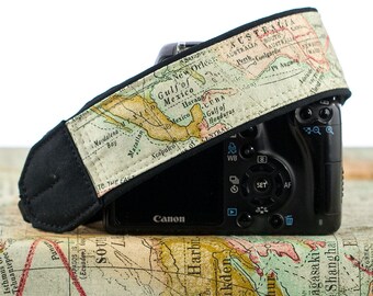 Camera Strap, Vintage Style Old World Map, dSLR, Camera Neck Strap, Canon camera strap, Nikon camera strap, Men's, Women's, 256