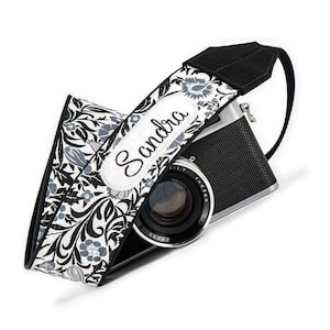 Personalized Camera Strap, Black and White Floral for dslr, slr or mirrorless
