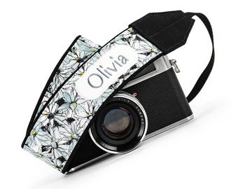 Personalized Camera Strap Grey and White Floral, dslr, slr, mirrorless