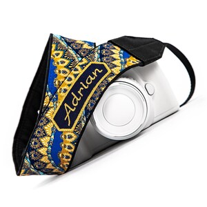 Personalized Camera Strap, Blue and Gold, dslr, slr, mirrorless