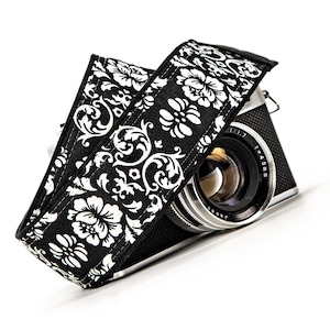 Camera Strap, Black & White Floral Damask, dslr, mirrorless, slr