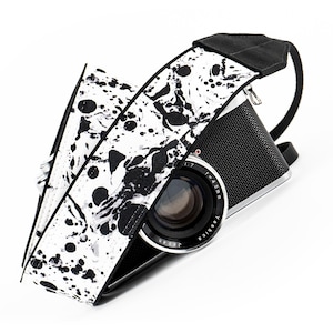 Camera Strap, Black and White Ink Spots, dslr, slr, mirrorless