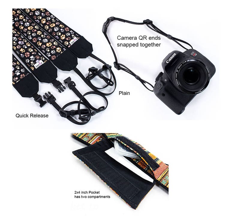 Puede incluir: Correa de c&aacute;mara negra con estampado de huellas de patas, hebillas de liberaci&oacute;n r&aacute;pida y un bolsillo de 5 x 10 cm con dos compartimentos. La correa est&aacute; conectada a una c&aacute;mara Canon. El texto dice "Camera QR ends snapped together".