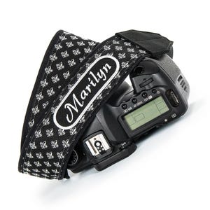 Personalized Camera Strap, Black and White Fleur-de-lis, for dslr, slr, mirrorless cameras
