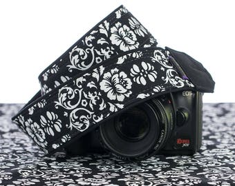 dSLR Camera Strap, Black & White Floral Damask
