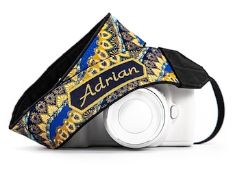 Personalized Camera Strap, Blue and Gold, dslr, slr, mirrorless