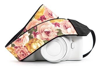 Camera Strap,  Pink and Yellow Roses, for DSLR, SLR or Mirrorless Cameras