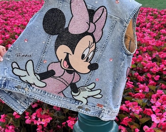 Custom Minnie Inspired Rhinestone Women's Denim Vest sz medium