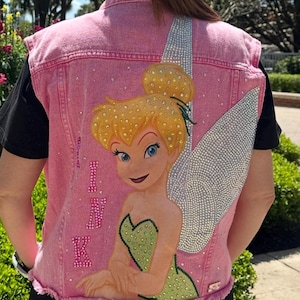 Custom Tinkerbell Inspired Rhinestone Bling Denim Vest Pink Women's sz Large