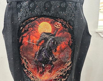 Custom rhinestone Headless Horseman Mickey Inspired Black Denim Vest