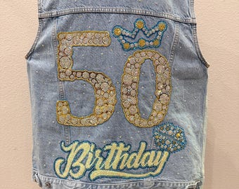 Custom Rhinestone Trucker Denim Vest 50th Birthday Champagne Queen Cheers sz Medium