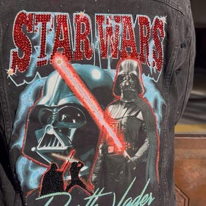 Custom Star Wars Inspired Rhinestone Denim Jacket Darth Vader sz Large