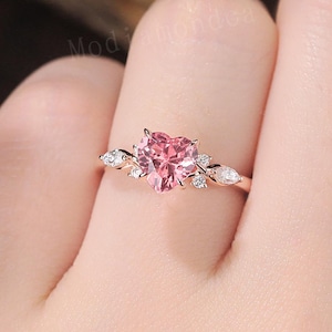 4 Prongs Pink Sapphire Engagement Ring Unique 14K Rose Gold Heart Shaped Gemstone Ring Marquise Diamond Wedding Ring Personalized Ring