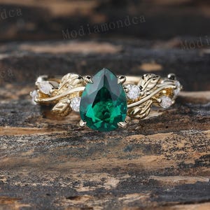 Pear Cut Emerald Engagement Ring Unique Solid Gold Branch Leaf Ring Bridal Moissanite Nature Inspired Wedding Ring May Birthstone Ring