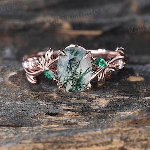 Oval cut Moss agate ring Unique Rose gold Leaf engagement ring Marquise cut Emerald ring Moissanite ring Nature inspired ring Promise ring