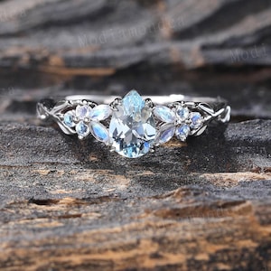 Pear shaped Aquamarine ring Unique White gold engagement ring marquise cut moonstone ring Cluster wedding ring Leaf Promise women ring gift
