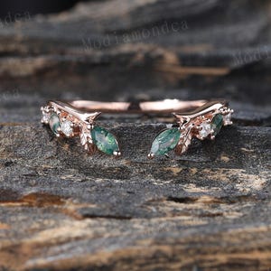 Open Moss agate wedding band Unique Rose gold Leaf curved wedding band Moissanite Stacking Matching band Bridal Promise ring custom band