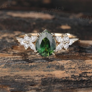 Natural Green Sapphire Engagement Ring Vintage Solid Gold Teardrop Teal Sapphire Ring Marquise Cut Moissanite Diamond Cluster Promise Ring