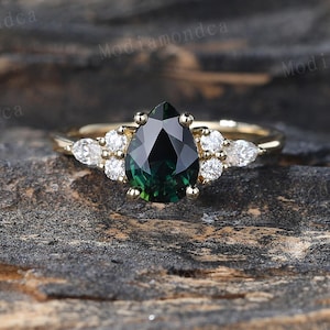 Pear shaped Teal sapphire ring Vintage Yellow gold Engagement ring Teardrop Green sapphire ring Marquise cut moissanite diamond ring Promise
