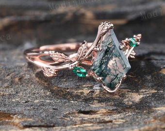 Kite cut green moss agate engagement ring Unique Rose gold ring marquise cut emerald ring Moissanite Branch leaf wedding ring Promise ring