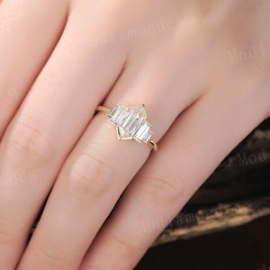 Vintage Elongated Hexagon Lab Grown Diamond Engagement Ring 14K Gold Baguette Cut Diamond Promise Ring Bezel Wedding Ring Anniversary Gifts