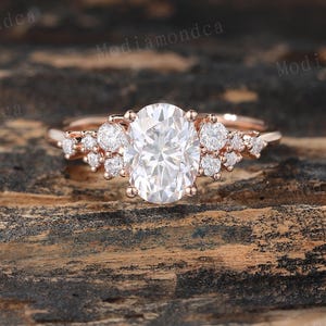 Cluster Diamond Engagement Ring Vintage Rose Gold Oval Moissanite Wedding Ring Snowdrift Ring Lab Grown Diamond Bridal Promise Ring
