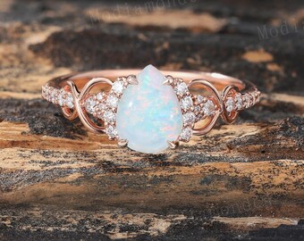 Pear Cut Natural Opal Engagement Ring Vintage Rose Gold Moissanite Infinity Wedding Ring Diamond Pave Ring Promise Unique Anniversary Gift