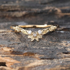 Hochzeit Band Diamant Diamanten Zartes Gelbgold gebogener Ehering Filigran Band Frauen Stapeln Passende Band Versprechen Jahrestag Ring