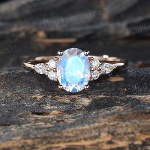 Oval Moonstone Engagement Ring | Unique Rose Gold Diamond Wedding Ring | Marquise Cut Moissanite Promise Ring Gift for Her