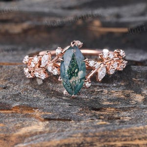 Marquise cut green moss agate ring Unique rose gold leaf branch engagement ring Diamond cluster twig ring for women wedding Promise ring