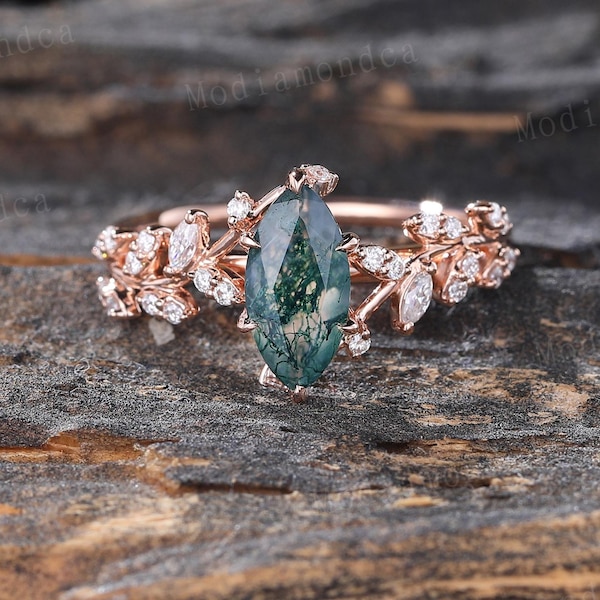 Marquise cut green moss agate ring Unique rose gold leaf branch engagement ring Diamond cluster twig ring for women wedding Promise ring