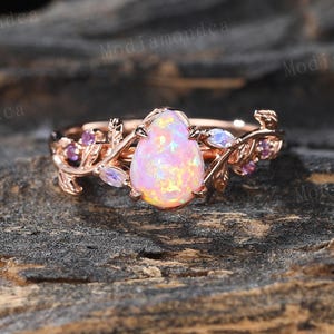 Pear shaped pink opal ring Unique Rose gold opal engagement ring women marquise cut moonstone amethyst ring Branch Twig ring Promise ring