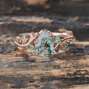 Pear Green Moss Agate Engagement Ring Unique Rose Gold Marquise cut Emerald Leaf Branch Ring Nature Inspired Wedding Bridal Promise Ring
