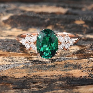 Oval Cut Emerald Engagement Ring Vintage Rose Gold Marquise Diamond Cluster Wedding Ring Women May Birthstone Ring Art Deco Promise Ring