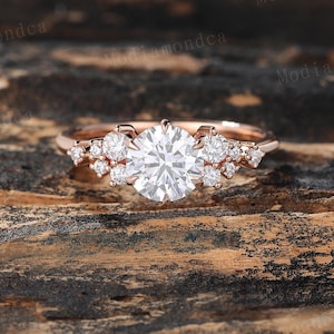 Vintage Round Moissanite Engagement Ring Solid Rose Gold Diamond Snowdrift Wedding Ring Women Six Prong Setting Art Deco Promise Ring