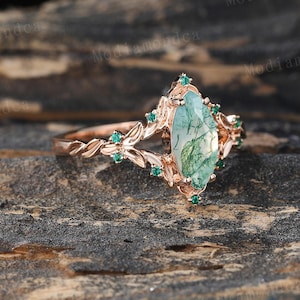 Marquise cut Moss Agate Engagement Ring Rose Gold Leaf Ring Round Emerald Halo Ring Nature Inspired Bridal Ring Unique Gemstone Ring Promise