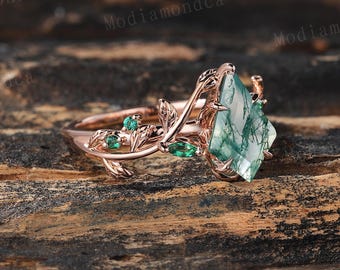Kite Cut Moss Agate Ring Unique 14K Rose Gold Branch Leaf Wedding Ring Emerald Nature Inspired Bridal Promise Ring Green Gemstone Ring