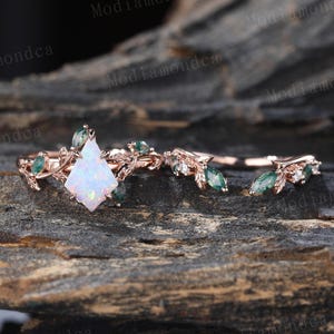 Kite geslepen witte opaal verlovingsring set vintage roségouden verlovingsring bladtak ring marquise geslepen mosagaat open ring belofte ring