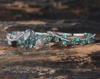 Pear Moss Agate Wedding Ring Set Unique White Gold Engagement Ring Set Marquise Cut Emerald Bridal Ring Set Nature Inspired Promise Ring