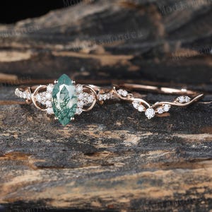 Marquise Cut Moss Agate Engagement Ring Set Unique Rose Gold Bridal Ring Set Moissanite Cluster Wedding Stacking Band Promise ring set