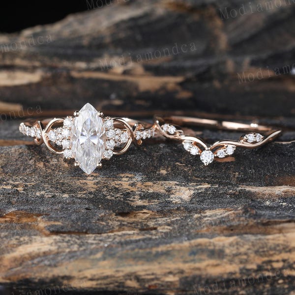 Marquise Cut Moissanite Engagement Ring Set Unique Rose Gold Bridal Ring Set Diamond Cluster Wedding Stacking Band Promise ring set