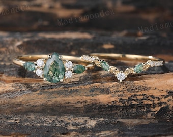Pear Moss Agate Engagement Ring Set Dainty Solid Gold Green Agate Wedding Ring Diamond Filigree Bridal Set Nature Inspired Promise Ring
