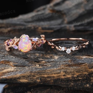 Pear shaped Pink opal engagement ring set Vintage Rose gold moonstone leaf branch ring Unique diamond curved wedding ring set promise ring