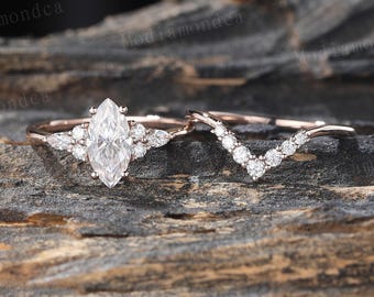 Marquise Cut Moissanite Engagement Ring Set Vintage Rose Gold Diamond Cluster Bridal Ring Set Chevron Wedding Stacking Band Promise Ring