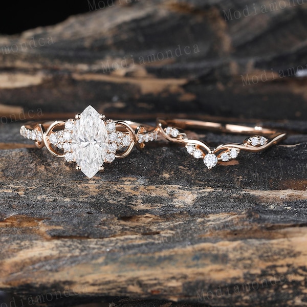 Anillo de compromiso con diamantes cultivados en laboratorio de talla marquesa, anillo de boda vintage con diamantes infinitos en oro rosa de 14 quilates, anillo de promesa curvado con diamantes.