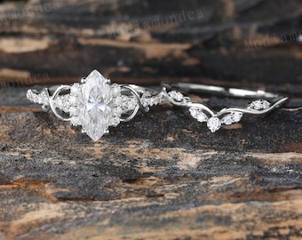 Marquise Cut Moissanite Engagement Ring Set Vintage White Gold Bridal Ring Set Diamond Cluster Wedding Stacking Band Promise Ring Gift